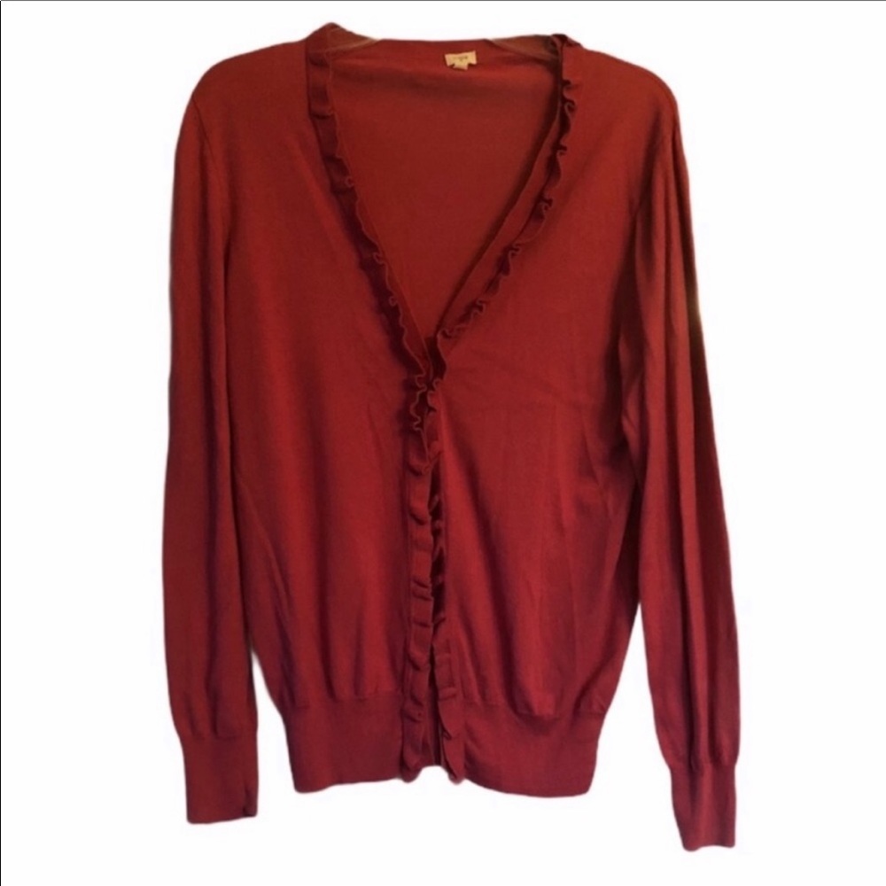 J Crew Pink Red Long Sleeve Cardigan Sweater with Ruffles